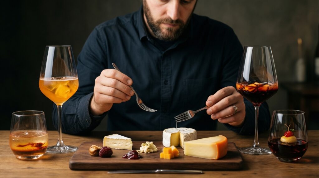 Идеальные пары: еда и напитки (чай, кофе, вино, безалкогольные альтернативы) - иллюстрация